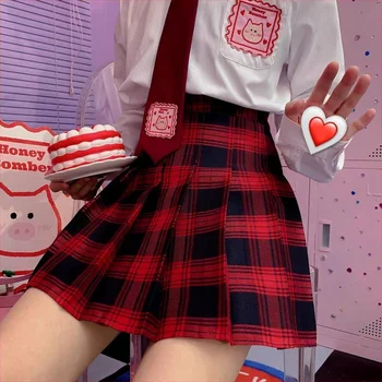 HOUZHOU Harajuku Pledas Sijonas Moterims Vintage Red High Waisted Klostuotas Mini Sijonai, Švelni Mergina Rudenį Preppy Stilius korėjos Mados