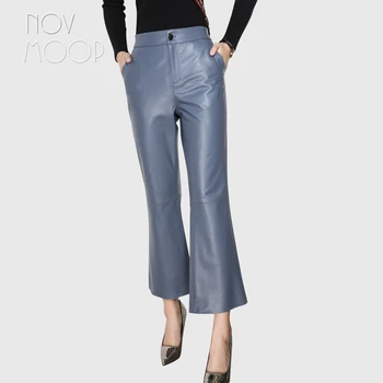 Novmoop office lady mados stiliaus avikailio natūralios odos flare kelnės moterims žiemos kelnės pantalones de mujer LT2983