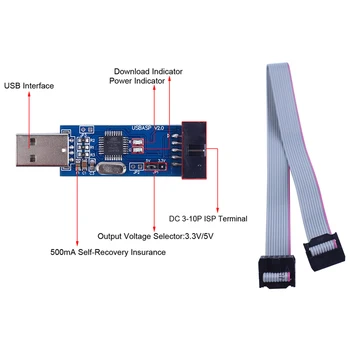 USBASP USBISP 51 AVR Programuotojas Downloader USB ISP USB ASP ATMEGA8 ATMEGA128 Paramos Win7 + 10 Pin 6-Pin Adapter