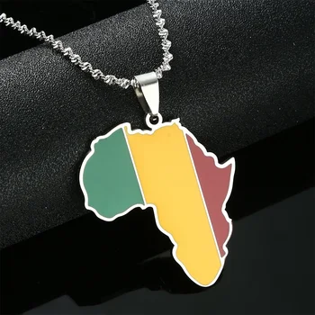 Afrikos Nerūdijančio Plieno, Emalio Afrikos Žemėlapis & Malyje Vėliavos Pakabukas Karoliai Moterų Ir Vyrų Mados Juvelyrika