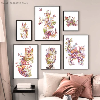 Spalvinga Katė, Šuo, Triušis, Tigras Gyvūnų Drobės Tapybos Animacinių Filmų Plakatą, Vaikų Darželio Sienos Menas Spausdinti Pink Gėlių Nuotraukas Vaikas Kambario Dekoro