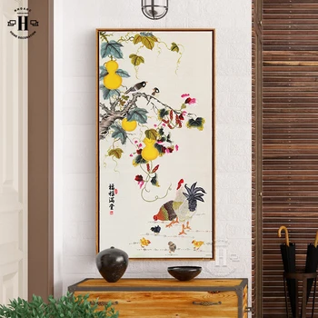 Kinų Stiliaus Drobės Spausdinti Tapybos Plakato Dydžio Nuotrauką Moliūgas Su Vištiena Paukščių Sienos Meno Prieškambario Kambarį Namo Apdaila