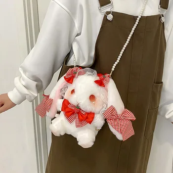 Moterų Lolita cute peties pliušinis maišelį Mergina nėrinių lankas braškių bunny lėlės maža kuprinė maišelis