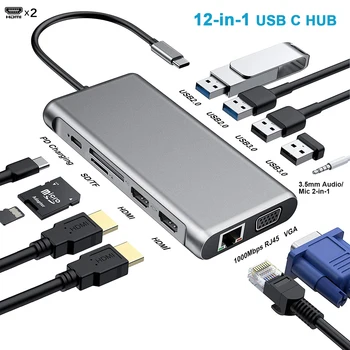12 1 USB Tipo C Hub Tipo C 2 HDMI 4K VGA Adapter RJ45 Lan Ethernet SD TF PD USB-C 3.0 3.5 mm Audio/Mic 