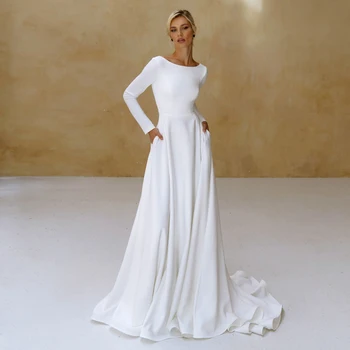 UZN Balta-Line Spandex Satino Vestuvinės Suknelės Chalatai De Mariée Samtelis Kaklo, ilgomis Rankovėmis Vestuvių Suknelės Su Kišenėmis Vestuvių Suknelės