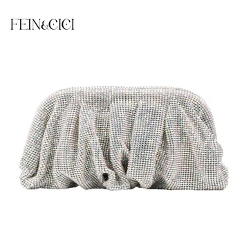 Dizaineris kristalų sankabos rankinėje, krepšyje moterys šalis Cirkonio koldūnai ruched pagalvę maišelį 2022 Tendencija Debesų Maišai