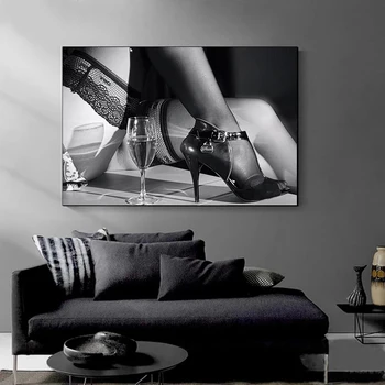 Juodos ir Baltos spalvos Šviesą Seksuali Moteris Drobės Plakatas Vyno Automobilių Šilko Kojinės Mergaitėms Spausdinti Tapybos Gėlių Nuotraukos Kambarį Dekoro