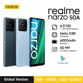 Pasaulinė Versija Realme Narzo 50A Išmanųjį telefoną 4GB 64GB Gel G85 6000mAh Mega Baterija 50MP AI Triple Kamera 6.5