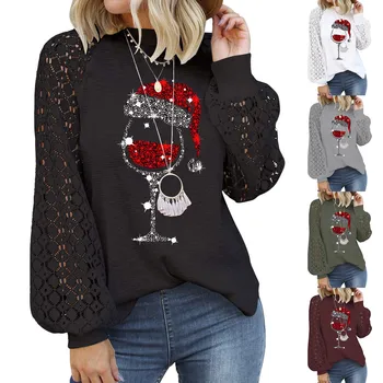 Moterų Vyno taurė Kalėdų Skrybėlės Juoda Long Sleeve T Shirt Kalėdos Atsitiktinis Nėriniai Nėrimo Top marškinėliai Harajuku Mados Naujųjų Metų T-shirt