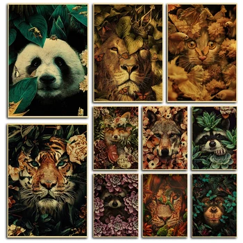 Retro plakato Šiaurės Gyvūnų Gėlių Freskos Tigras, Liūtas, Zebras Plakatas Freskos Kambarį 