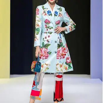 2021 Dizaineris Vasaros Gėlių spausdinti Derliaus Kailis Outwear Moterys ilgomis rankovėmis Diržas Vieną Krūtinėmis Atsitiktinis Paltas