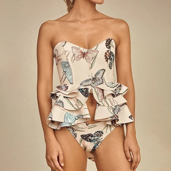 Mados Susiėmę Gėlių Spausdinti Padalinta Bandeau Maudymosi Kostiumėlį Slim Bikini Elegantiška Vintage Paplūdimio Sexy Thong Paplūdimio 2022