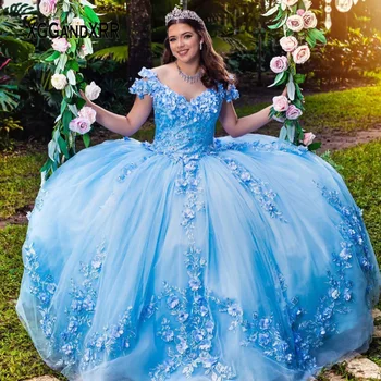Dangus Mėlynas Quinceanrea Suknelės 2022 V Kaklo Nėrinių Appliques 3D Gėlė 16 Birthday Party Dress Saldus 15 16 Princesė Chalatai Inscenizacija