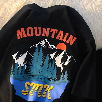 Hip-Hop Marškinėliai Vyrams Streetwear Viršūnes Retro Sniego Kalnų Kraštovaizdžio Spausdinimo Trumpas Rankovės Marškinėliai Vyrams ir Moterims Atsitiktinis T Shirts