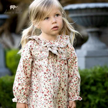 DBM18325-2 dave bella rudenį baby girl mielas gėlių spausdinti suknelė vaikų mados šalis suknelė vaikams kūdikiams lolita drabužiai