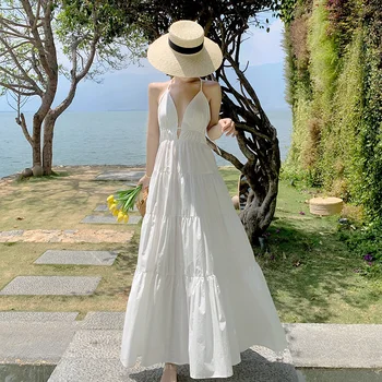 Moterų Maxi Balta Apynasrio Slydimo Suknelė Vasaros 2022 Kilimo Ir Tūpimo Tako Elegantiškas Backless Korėjos Retro Pasakų Atsitiktinis Paplūdimio Atostogų Šalis, Vestidos